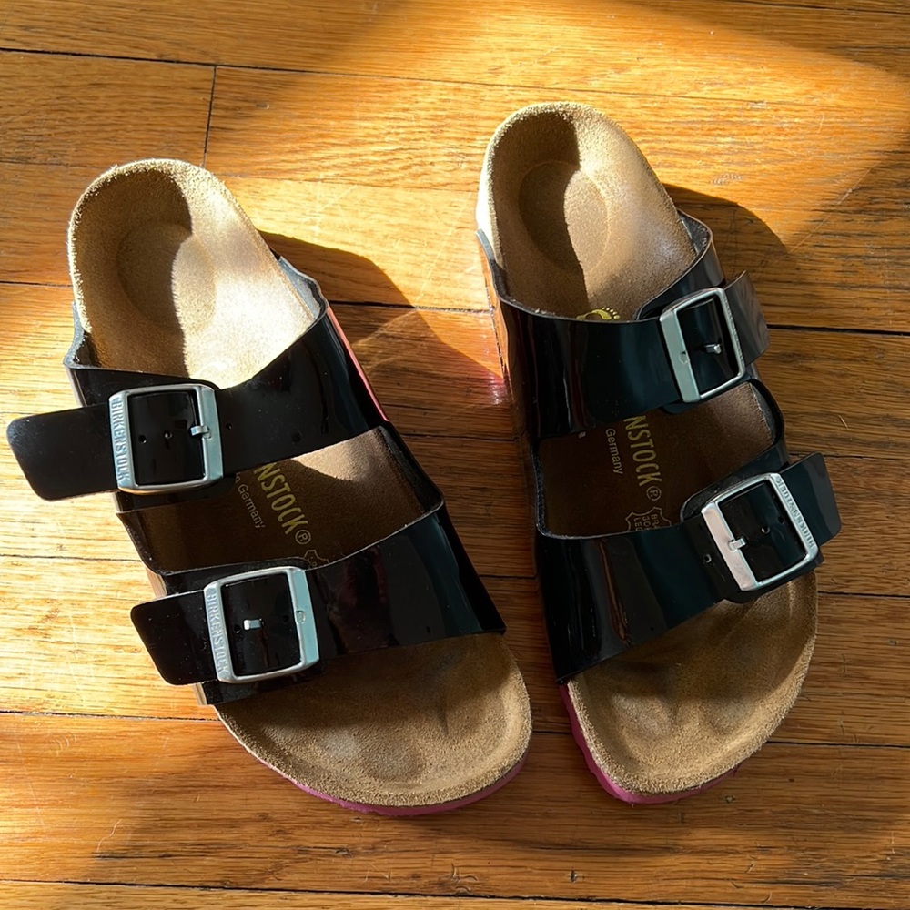 Birkenstock Black Patent Leather with Pink Sandals size 41
